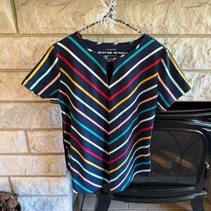 Van Heusen Blue and Multicolor Stripe Fitted Short Sleeve Blouse Medium